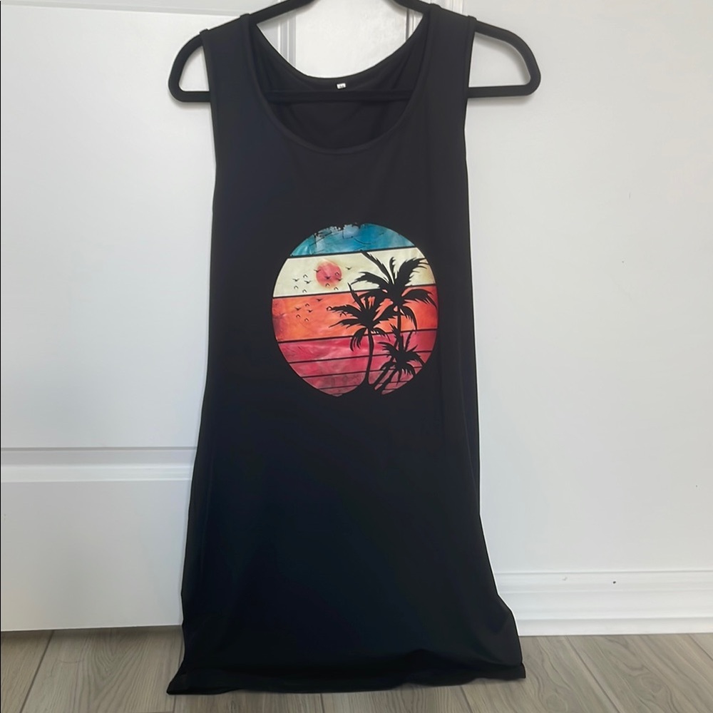 Black Sleeveless Top with Tropical Print
